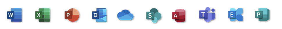 les logos des logiciels compris dans la suite Microsoft 365 h&eacute;berg&eacute;e et s&eacute;curis&eacute;e dans le cloud par l&rsquo;entreprise IT Saphico